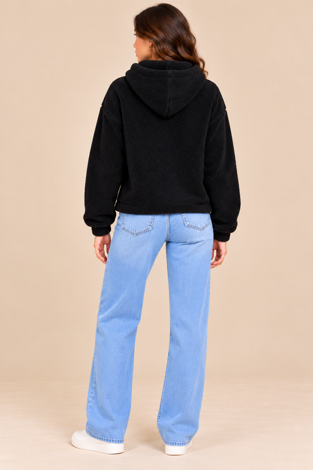 Black Teddy Fleece Half-Zip Hoodie Sweatshirt, Long Sleeve, Relaxed Fit Pullover with Hood