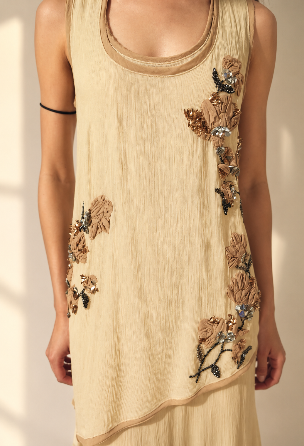 Beige Sleeveless Embroidered Layered dress with Floral Sequin Detailing