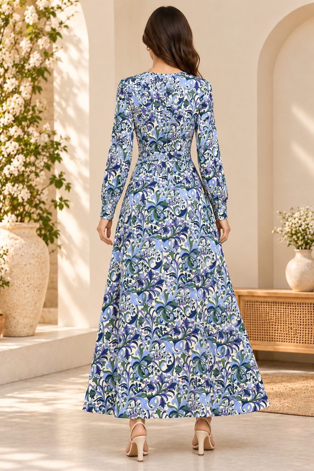 Multicolour Floral Print Maxi Dress, Long Sleeve Fit and Flare Wrap Style Dress with Waist Tie for Casual and Party Wear