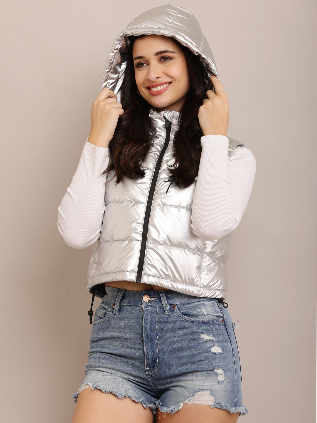 Polyester Regular Fit Zip-Front Hooded Puffer Silver Jacket