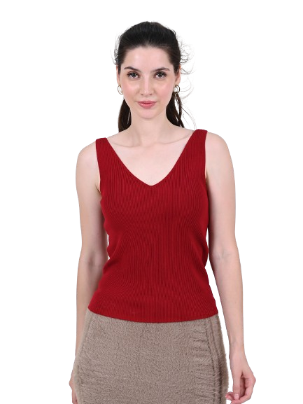 Acrylic Sleeveless with V-neck Ribbed Red Top