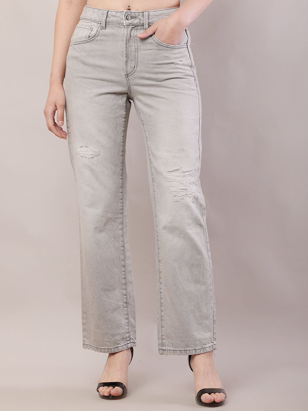Cotton Regular Fit Full Length Grey Stretchable Pant