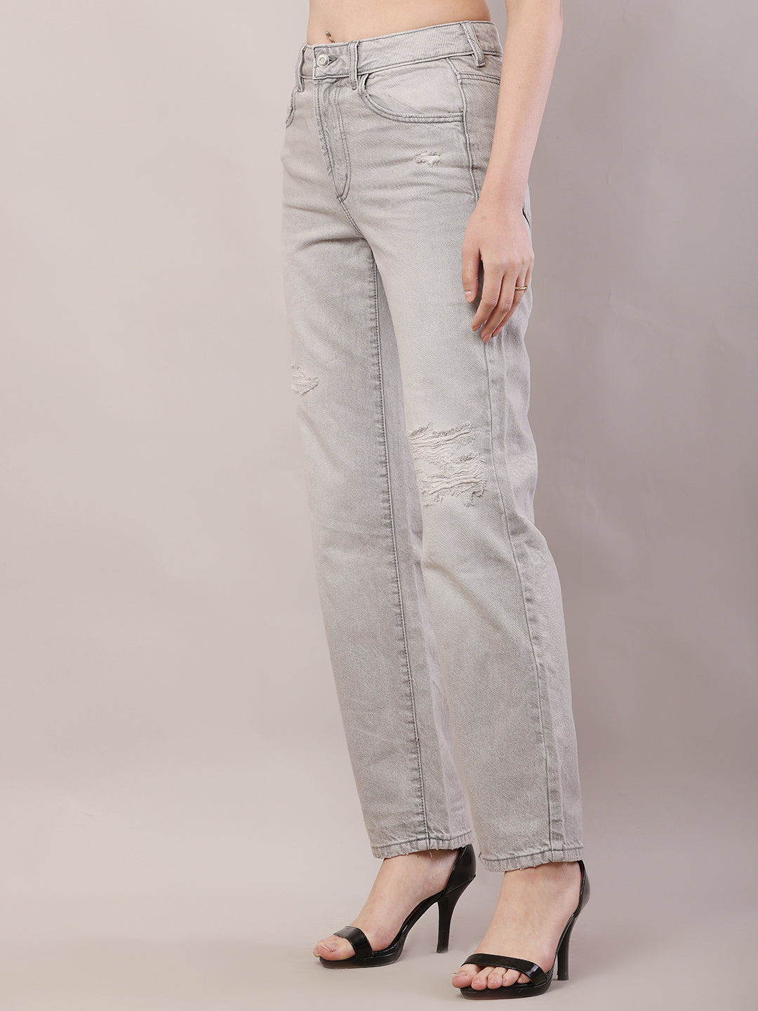 Cotton Regular Fit Full Length Grey Stretchable Pant