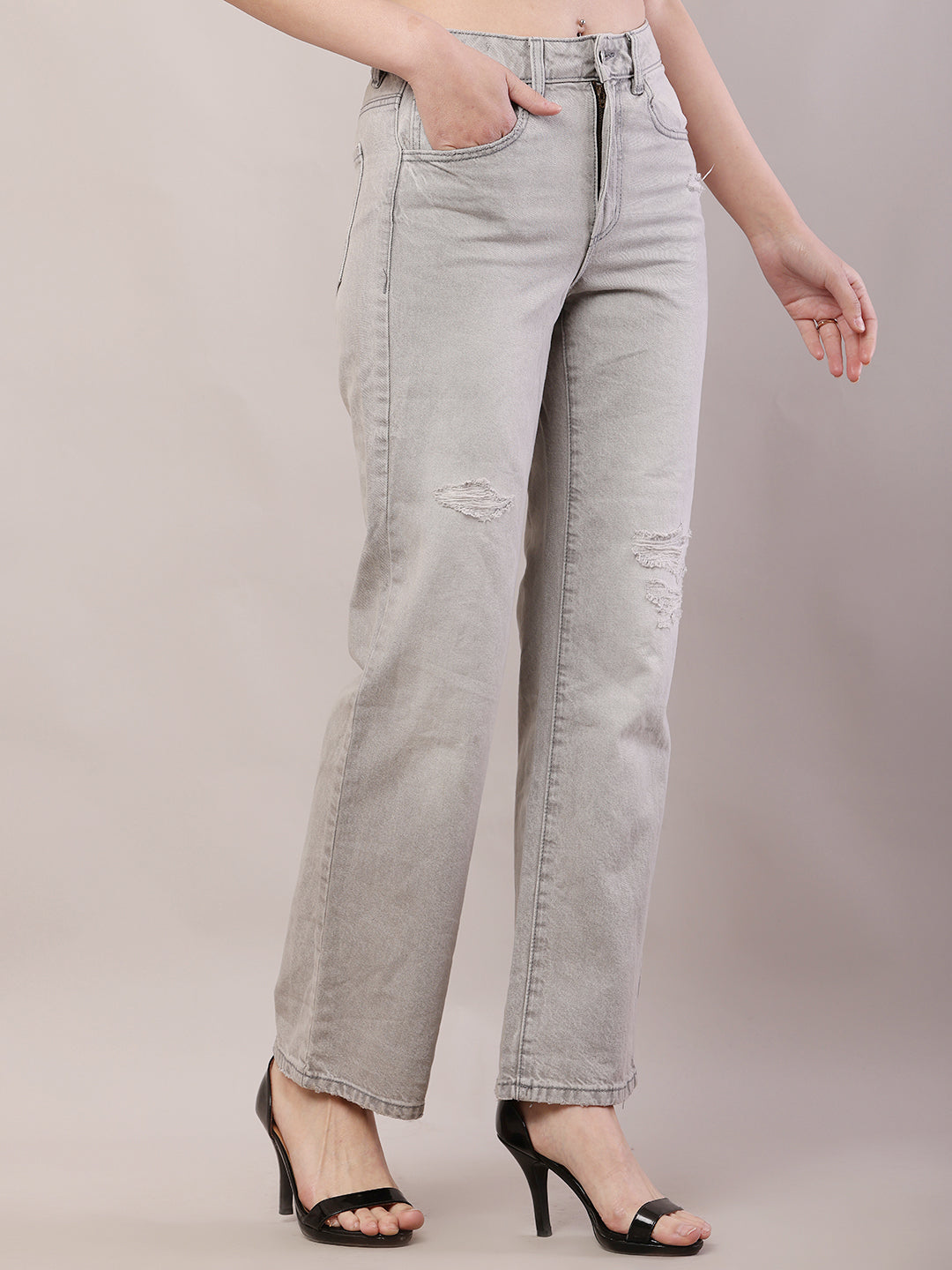 Cotton Regular Fit Full Length Grey Stretchable Pant