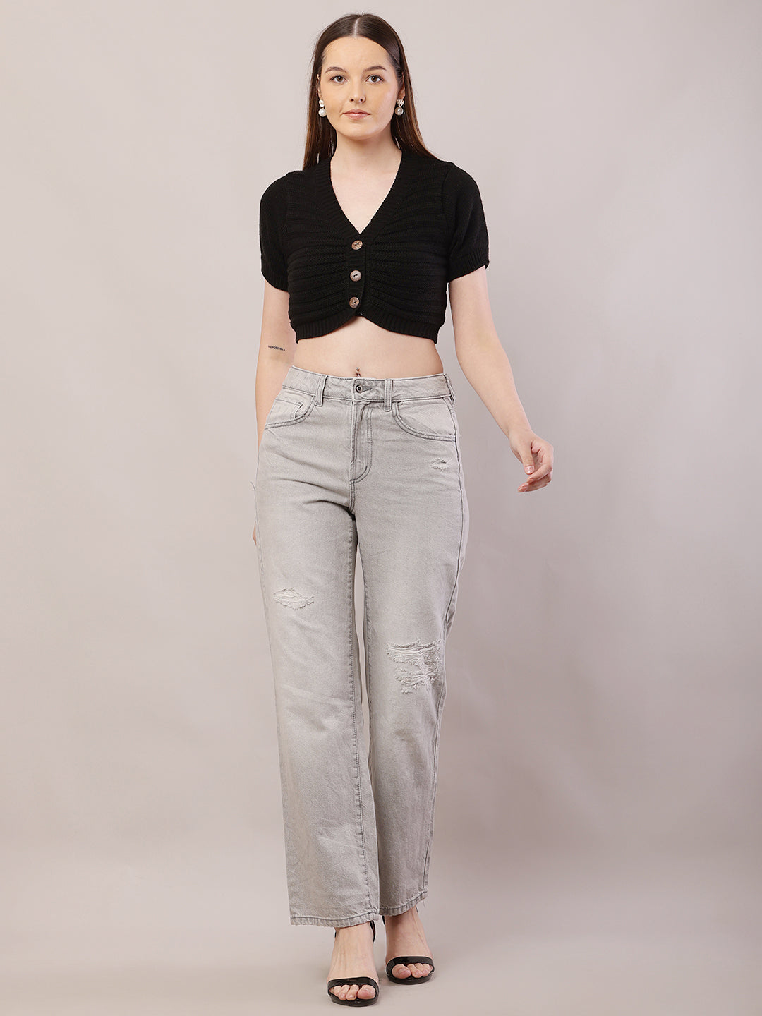 Cotton Regular Fit Full Length Grey Stretchable Pant