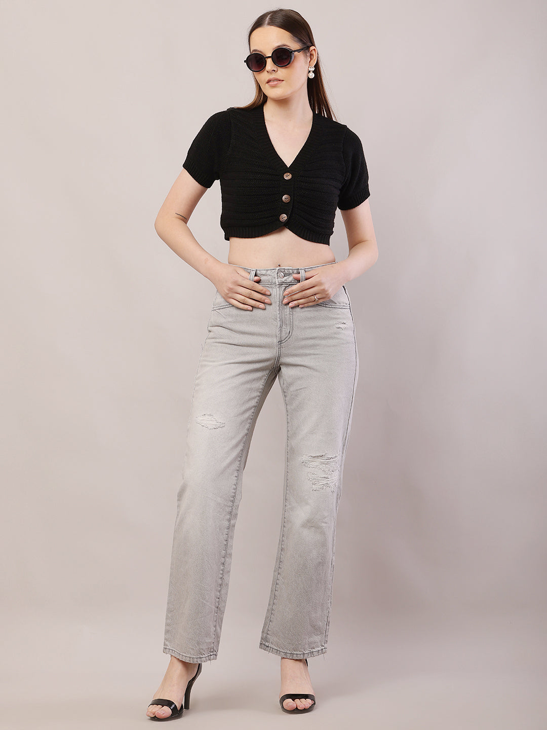 Cotton Regular Fit Full Length Grey Stretchable Pant