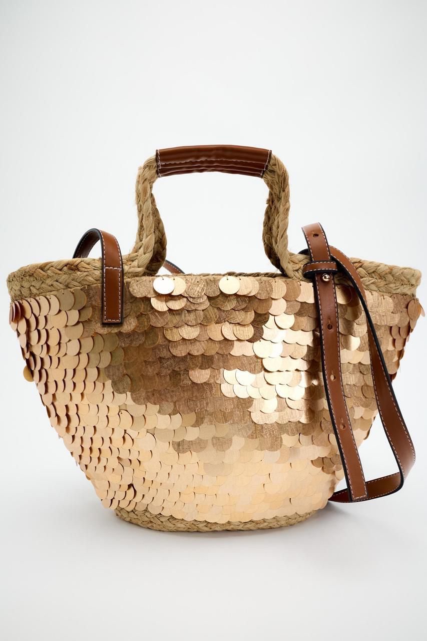 Sequin Straw Tote Bag