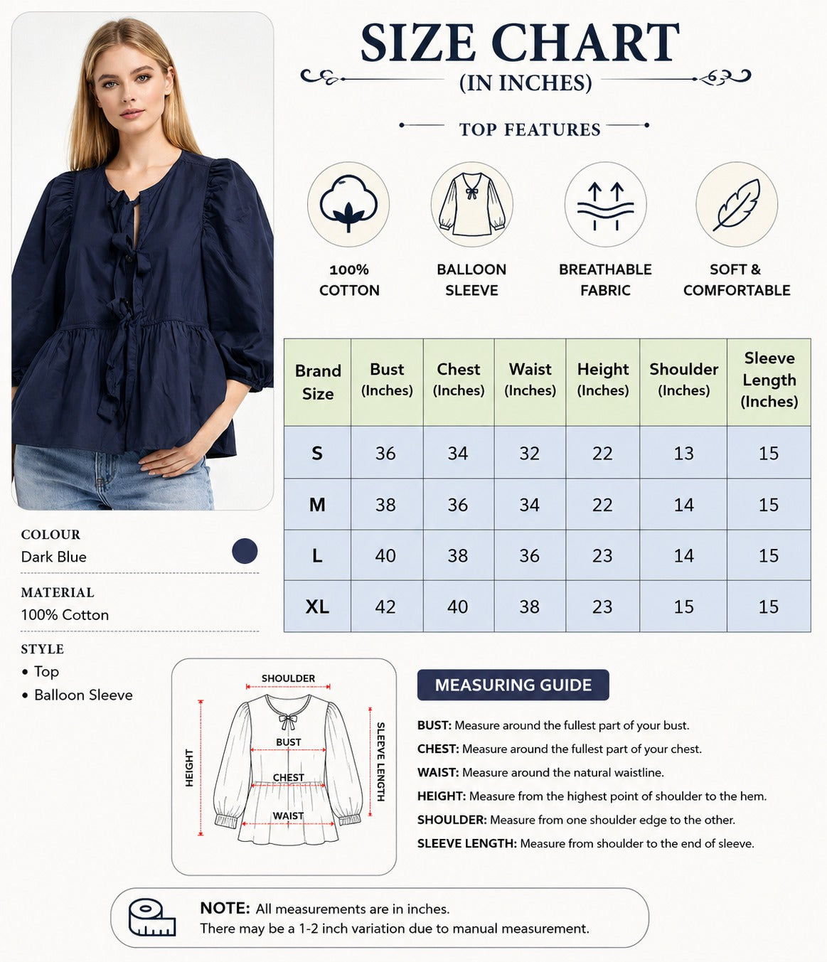 Dark Blue 100% Cotton Tie-Front Peplum Top | Balloon Sleeves | Casual Cotton Blouse