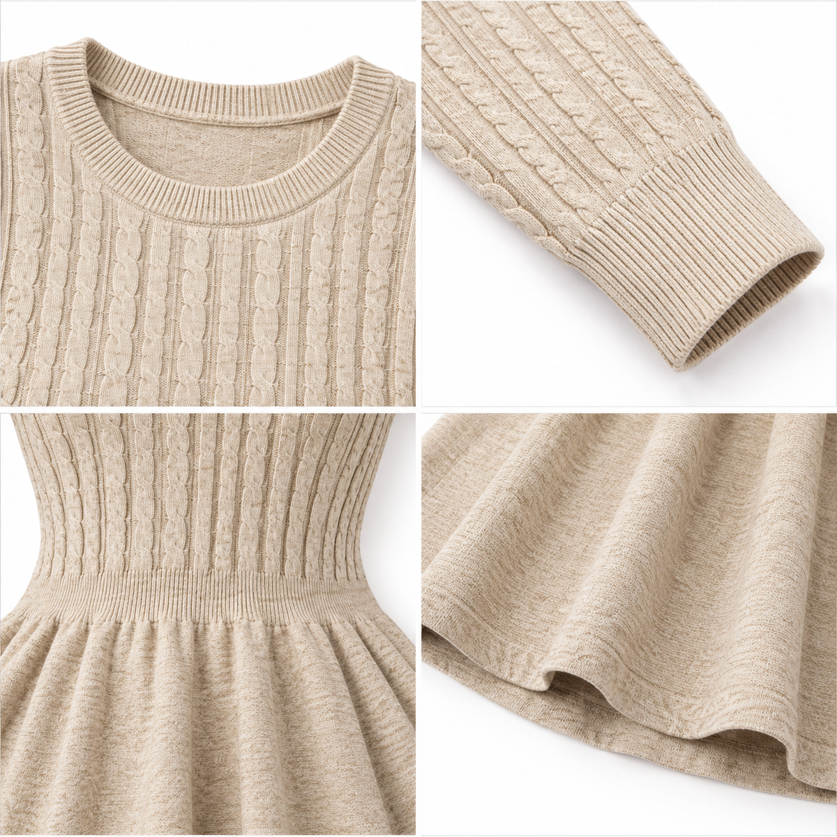 Light Brown Cable Knit Sweater Dress with Round Neck and Full Sleeves
