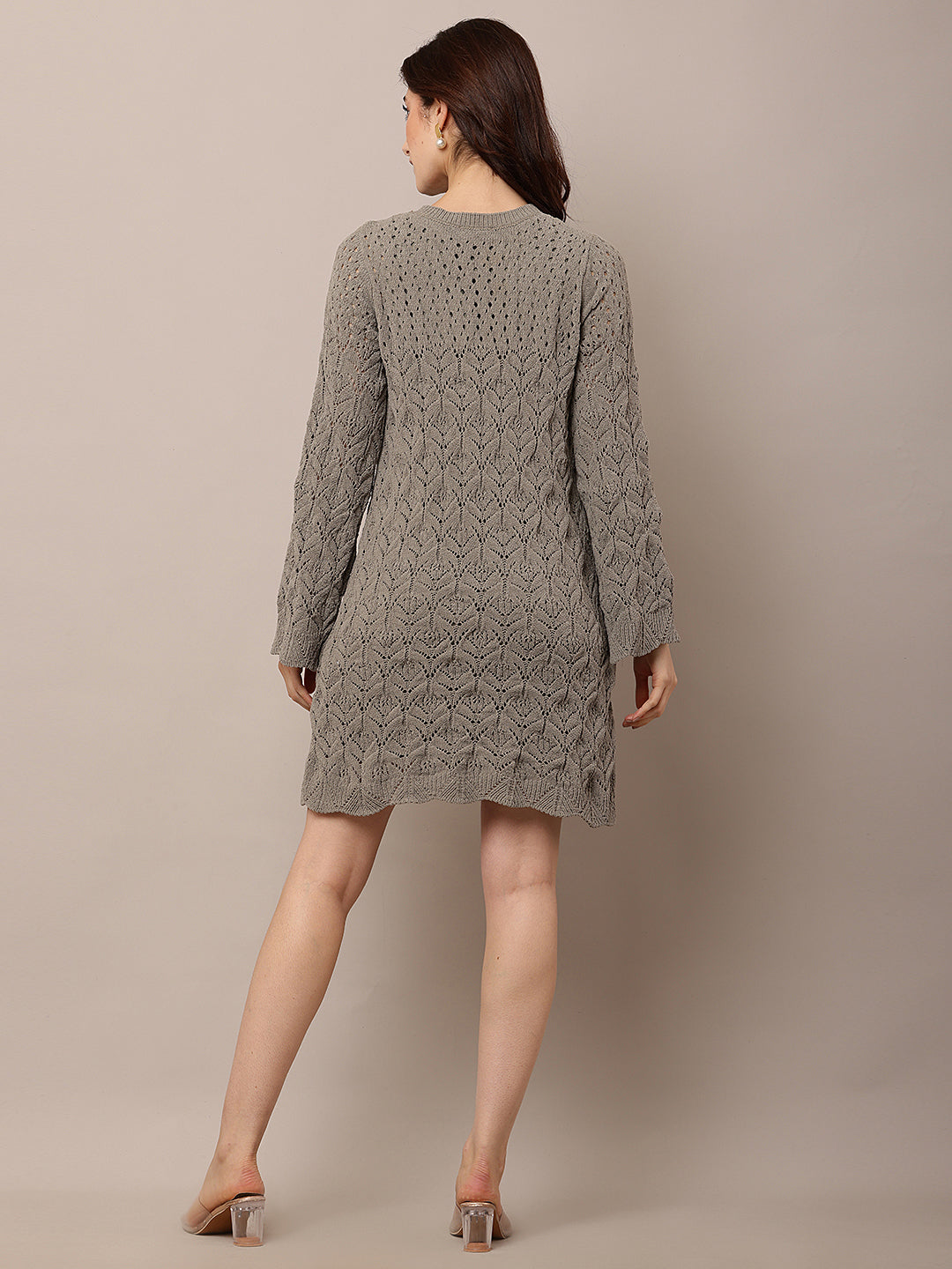 Polyester Full sleeve with Crew neck Crochet Light Green Shift Dress