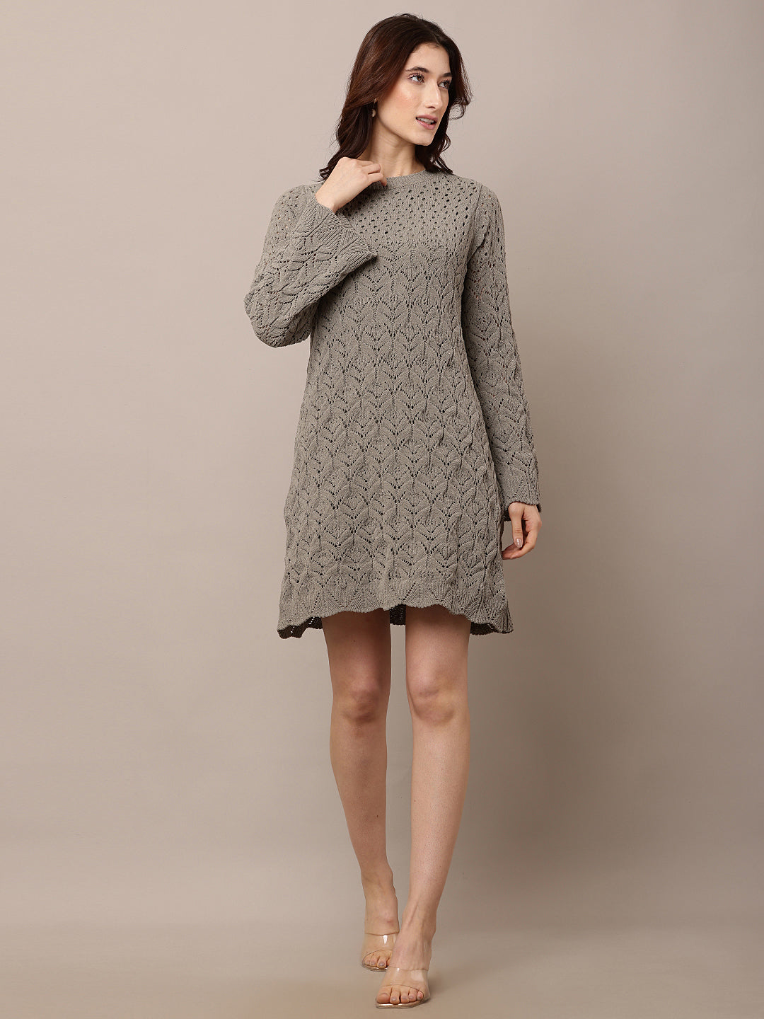 Polyester Full sleeve with Crew neck Crochet Light Green Shift Dress