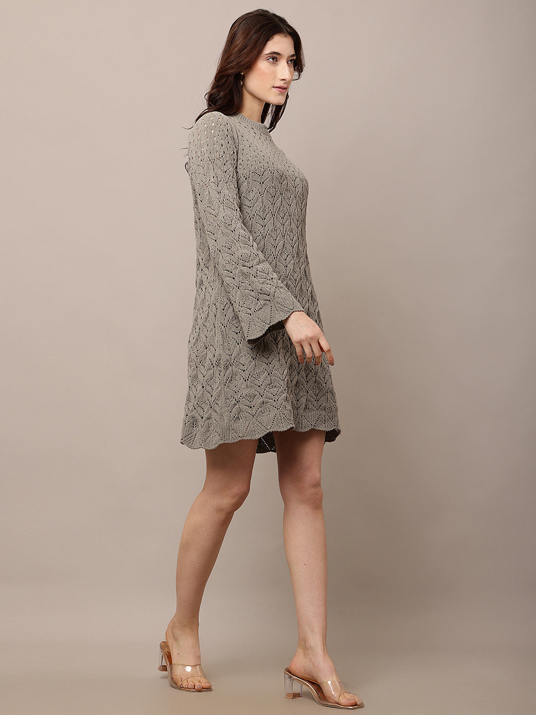 Polyester Full sleeve with Crew neck Crochet Light Green Shift Dress