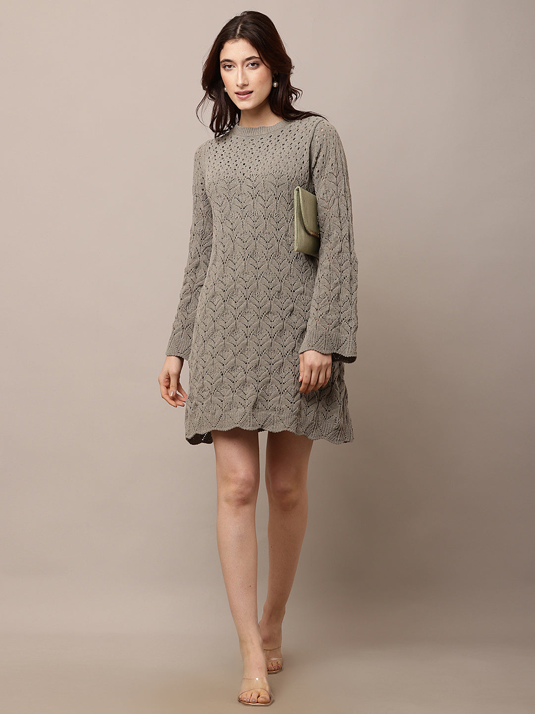 Polyester Full sleeve with Crew neck Crochet Light Green Shift Dress