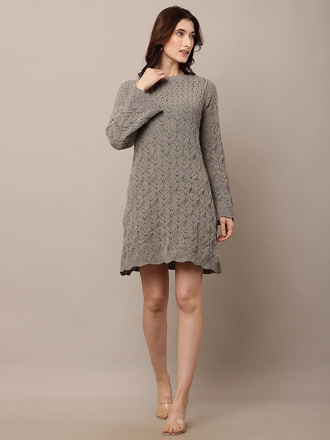 Polyester Full sleeve with Crew neck Crochet Light Green Shift Dress