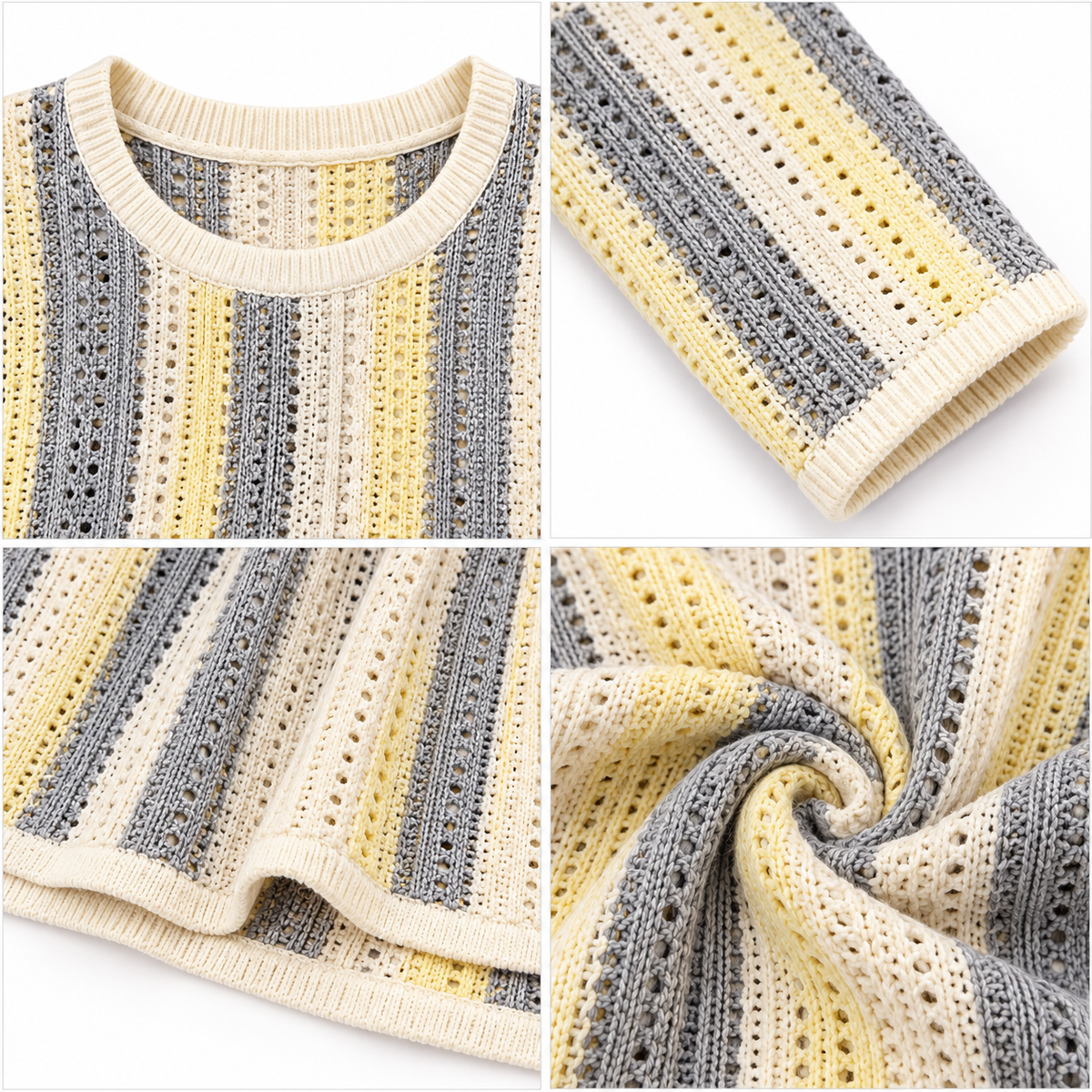 Cream Striped Cotton Acrylic Knitted Sweater with Full Sleeves and Drop Shoulder