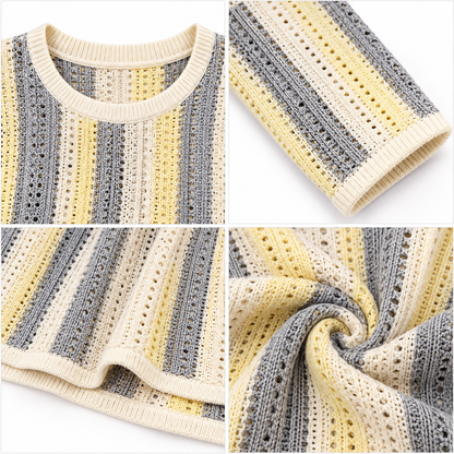 Cream Striped Cotton Acrylic Knitted Sweater with Full Sleeves and Drop Shoulder