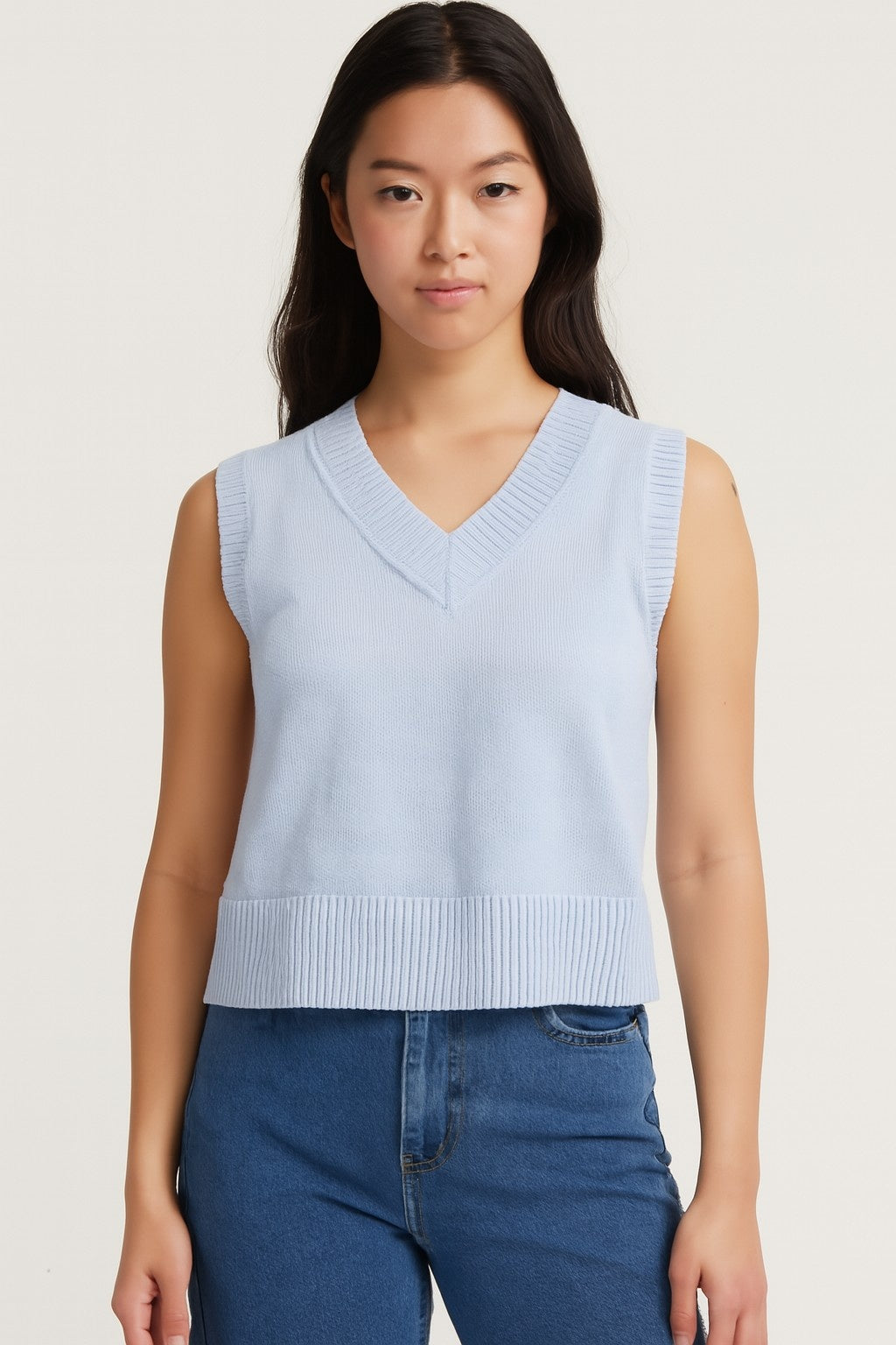 Acrylic Sleeveless with V-Neck Sky Blue Solid Sweater Vest
