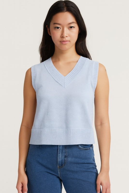 Acrylic Sleeveless with V-Neck Sky Blue Solid Sweater Vest