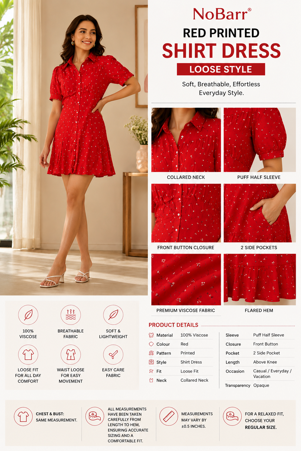 Red Printed Shirt Style Top with Collared Neck, Short Puff Sleeves, Button Front & Relaxed Loose Fit