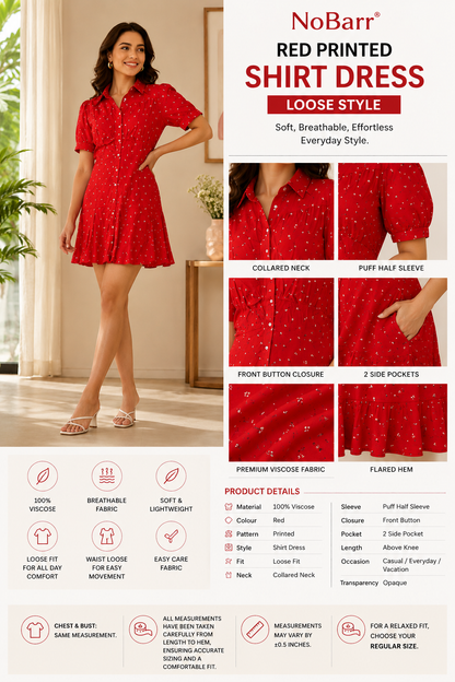 Red Printed Shirt Style Top with Collared Neck, Short Puff Sleeves, Button Front & Relaxed Loose Fit
