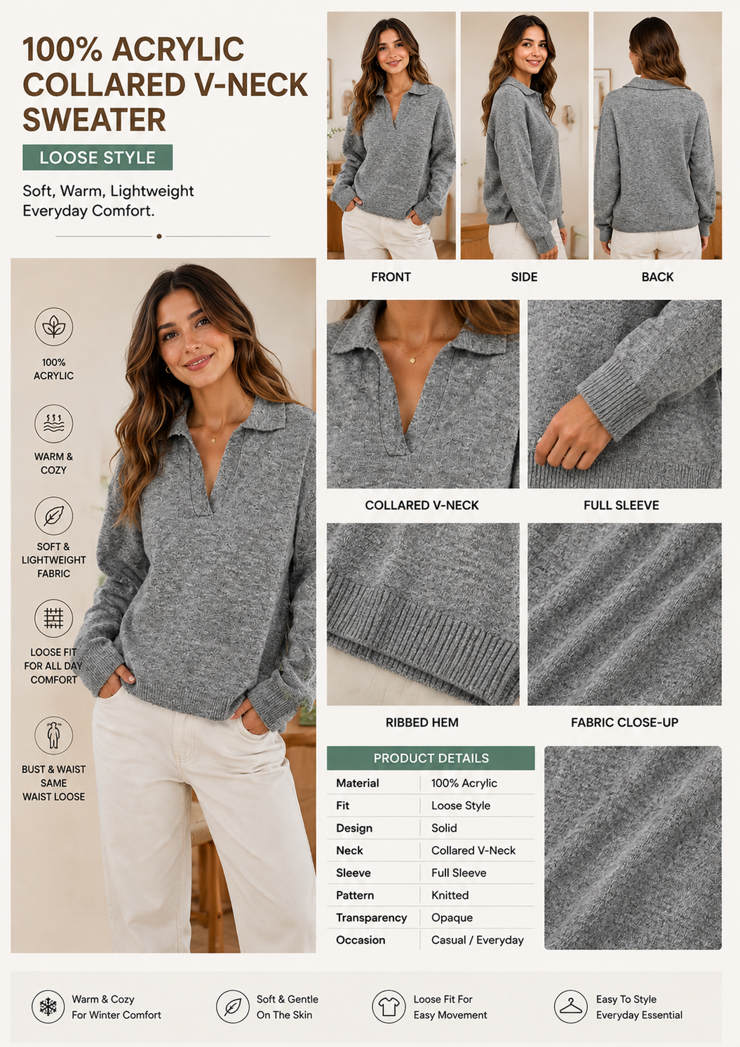 Grey 100% Acrylic Collared V-Neck Sweater | Loose Fit Full Sleeve Knit Pullover | Soft Warm Casual Winter Top