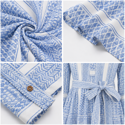 100% Polyester Geometric Printed A-Line Dress with V-Neck, 3/4 Flared Sleeves & Waist Tie Blue