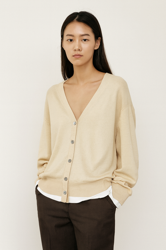 Light Beige V-Neck Button Front Cardigan | Viscose Polyamide Blend | Full Sleeve Loose Fit