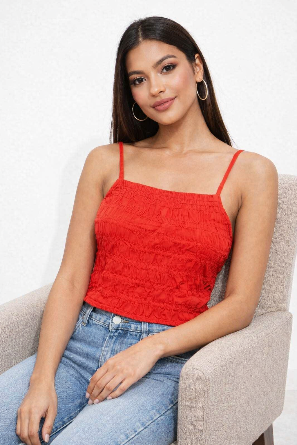100% Cotton Smocked Ruched Cami Crop Top | Square Neck | Sleeveless | Adjustable Spaghetti Straps | Stretchable Casual Summer Top | Red