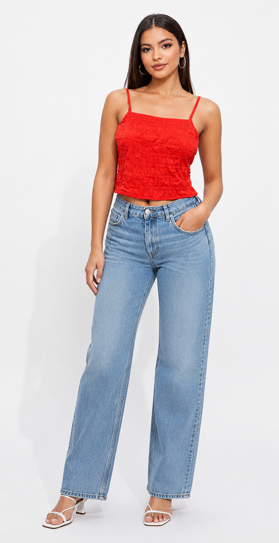 100% Cotton Smocked Ruched Cami Crop Top | Square Neck | Sleeveless | Adjustable Spaghetti Straps | Stretchable Casual Summer Top | Red