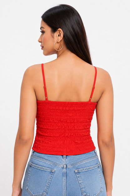 100% Cotton Smocked Ruched Cami Crop Top | Square Neck | Sleeveless | Adjustable Spaghetti Straps | Stretchable Casual Summer Top | Red