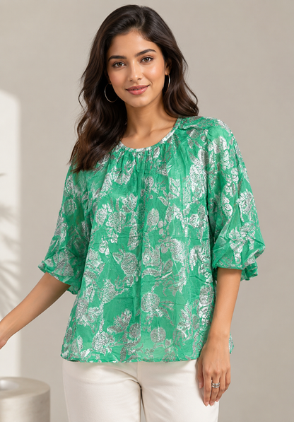 Light Green Floral Print Gathered Top | Round Neck 3/4 Puff Sleeve Relaxed Fit Top