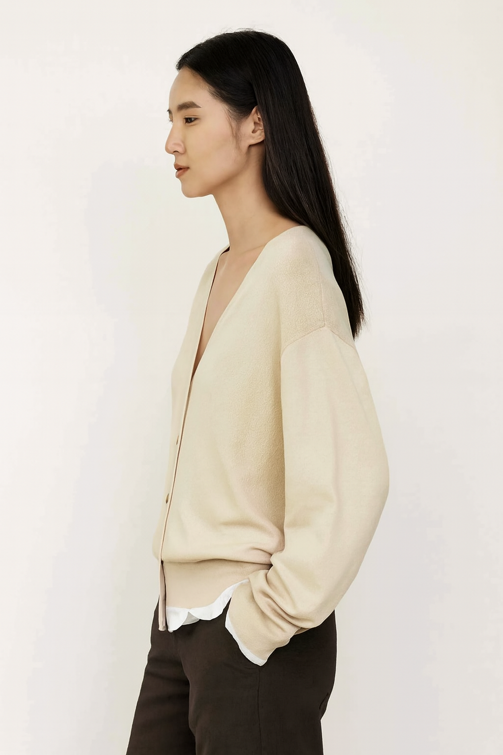 Light Beige V-Neck Button Front Cardigan | Viscose Polyamide Blend | Full Sleeve Loose Fit