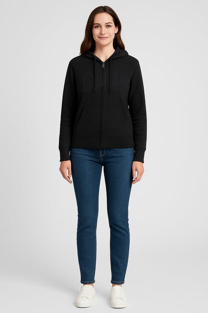Black Cotton-Blend Hoodie with front zip closure