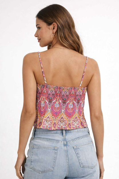 Multi Printed Strappy Cotton Top | Square Neck Smocked Camisole