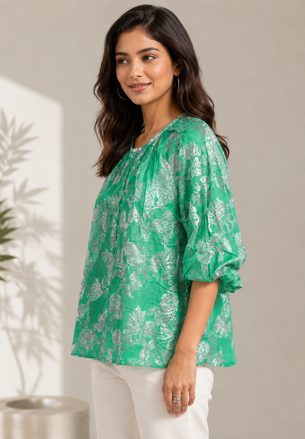 Light Green Floral Print Gathered Top | Round Neck 3/4 Puff Sleeve Relaxed Fit Top