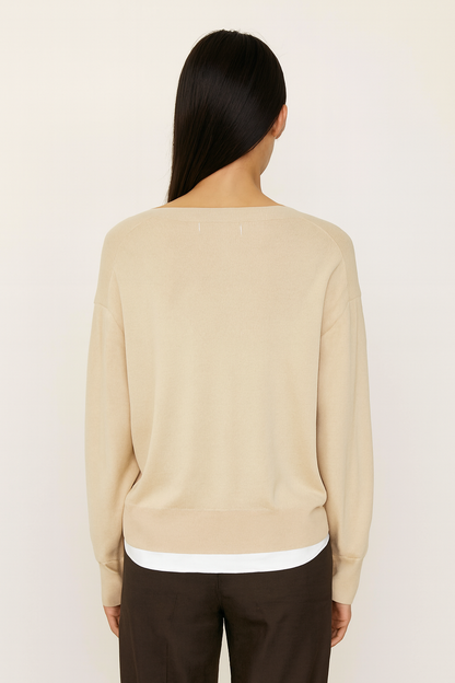 Light Beige V-Neck Button Front Cardigan | Viscose Polyamide Blend | Full Sleeve Loose Fit