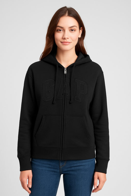 Black Cotton-Blend Hoodie with front zip closure