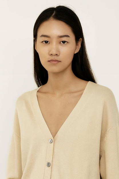 Light Beige V-Neck Button Front Cardigan | Viscose Polyamide Blend | Full Sleeve Loose Fit