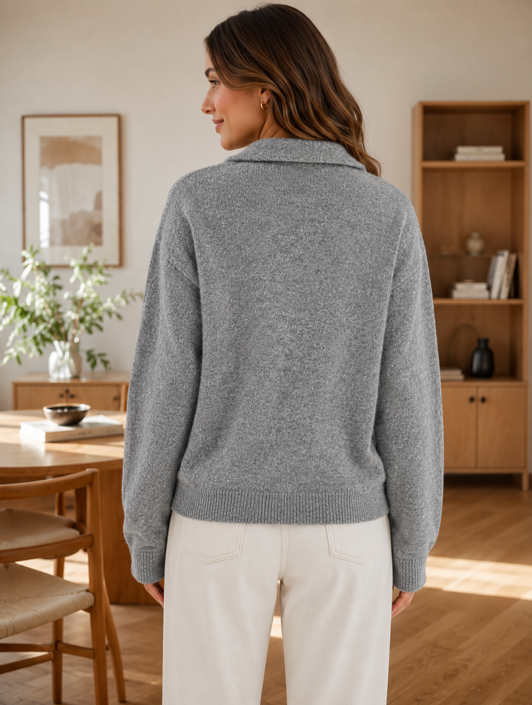 Grey 100% Acrylic Collared V-Neck Sweater | Loose Fit Full Sleeve Knit Pullover | Soft Warm Casual Winter Top