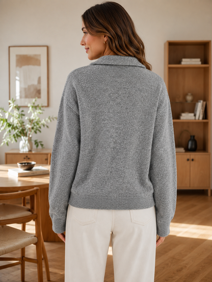 Grey 100% Acrylic Collared V-Neck Sweater | Loose Fit Full Sleeve Knit Pullover | Soft Warm Casual Winter Top