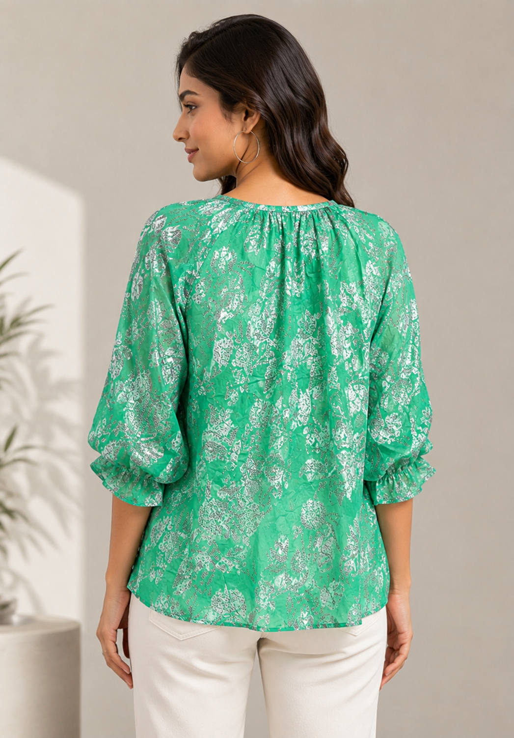 Light Green Floral Print Gathered Top | Round Neck 3/4 Puff Sleeve Relaxed Fit Top