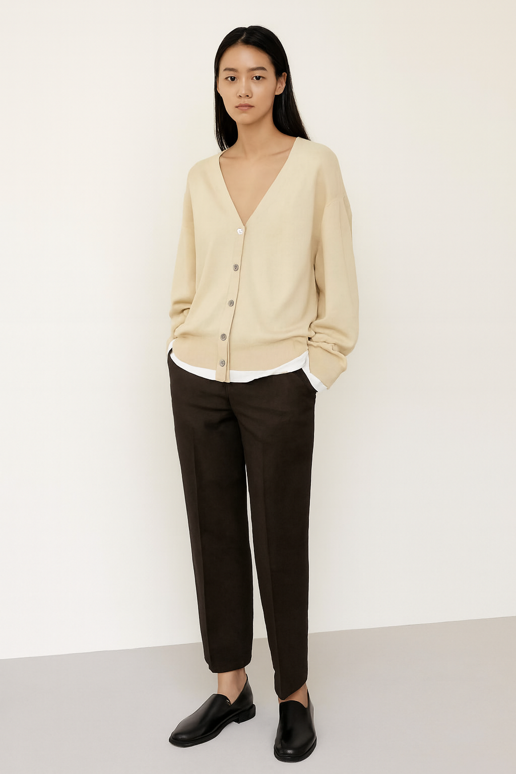 Light Beige V-Neck Button Front Cardigan | Viscose Polyamide Blend | Full Sleeve Loose Fit