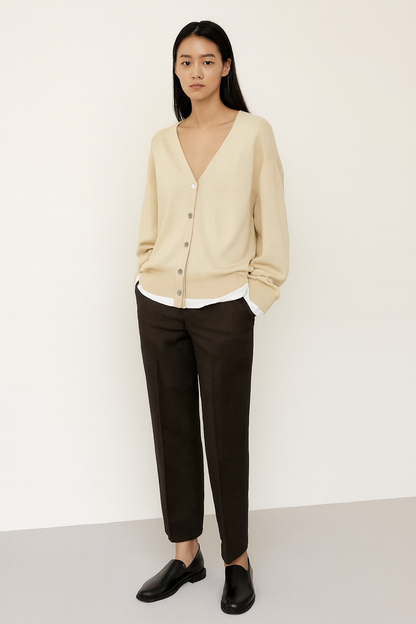 Light Beige V-Neck Button Front Cardigan | Viscose Polyamide Blend | Full Sleeve Loose Fit