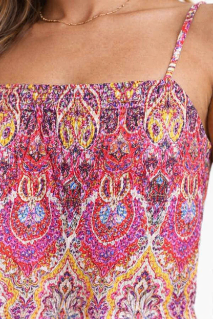 Multi Printed Strappy Cotton Top | Square Neck Smocked Camisole