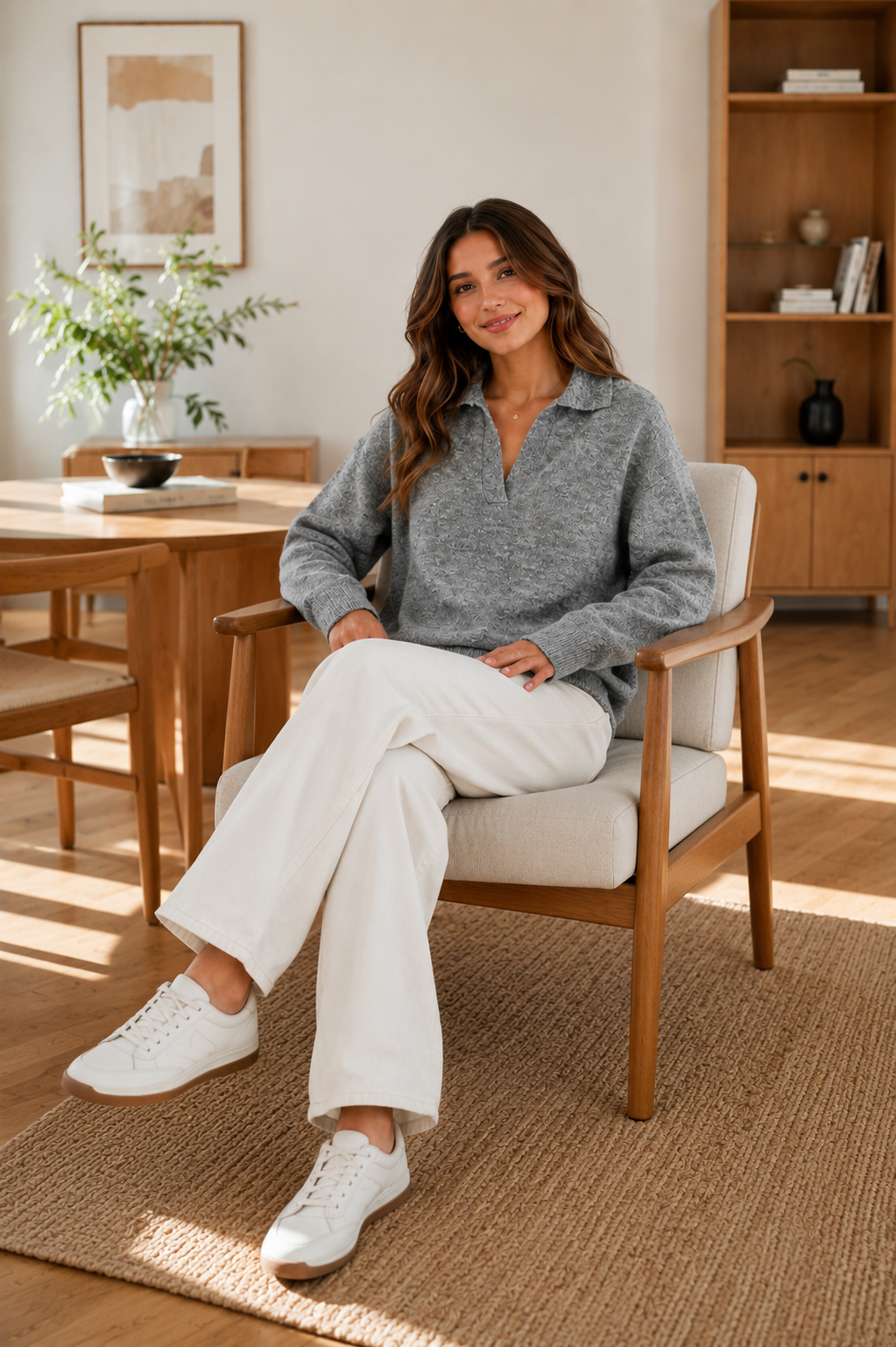 Grey 100% Acrylic Collared V-Neck Sweater | Loose Fit Full Sleeve Knit Pullover | Soft Warm Casual Winter Top