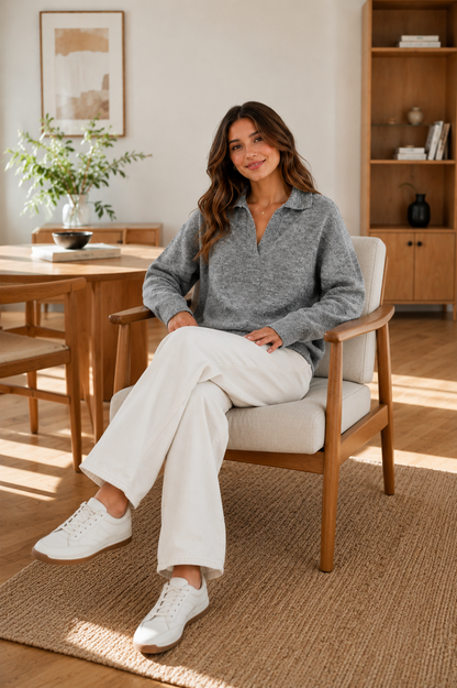 Grey 100% Acrylic Collared V-Neck Sweater | Loose Fit Full Sleeve Knit Pullover | Soft Warm Casual Winter Top