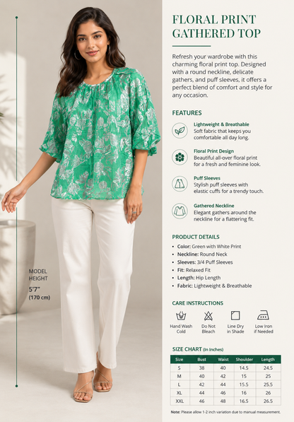 Light Green Floral Print Gathered Top | Round Neck 3/4 Puff Sleeve Relaxed Fit Top