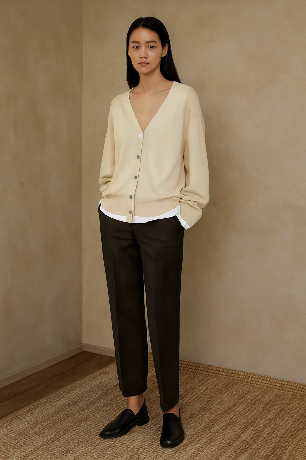 Light Beige V-Neck Button Front Cardigan | Viscose Polyamide Blend | Full Sleeve Loose Fit