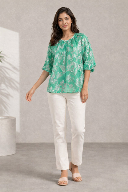 Light Green Floral Print Gathered Top | Round Neck 3/4 Puff Sleeve Relaxed Fit Top