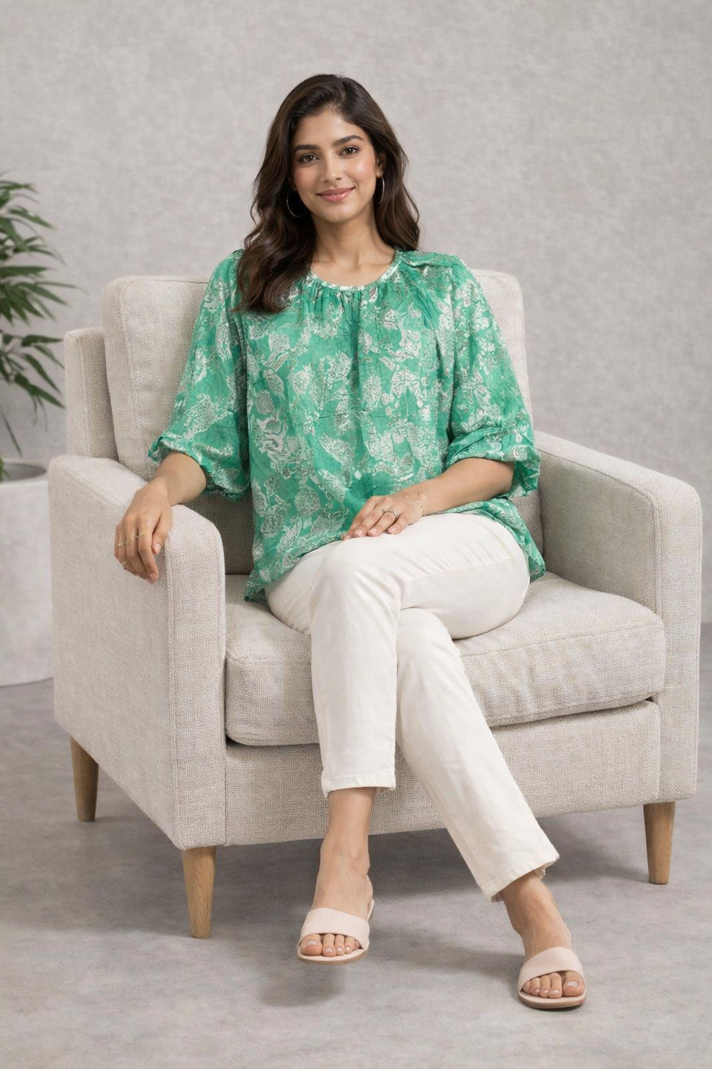 Light Green Floral Print Gathered Top | Round Neck 3/4 Puff Sleeve Relaxed Fit Top